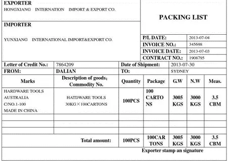 packing list ejemplo